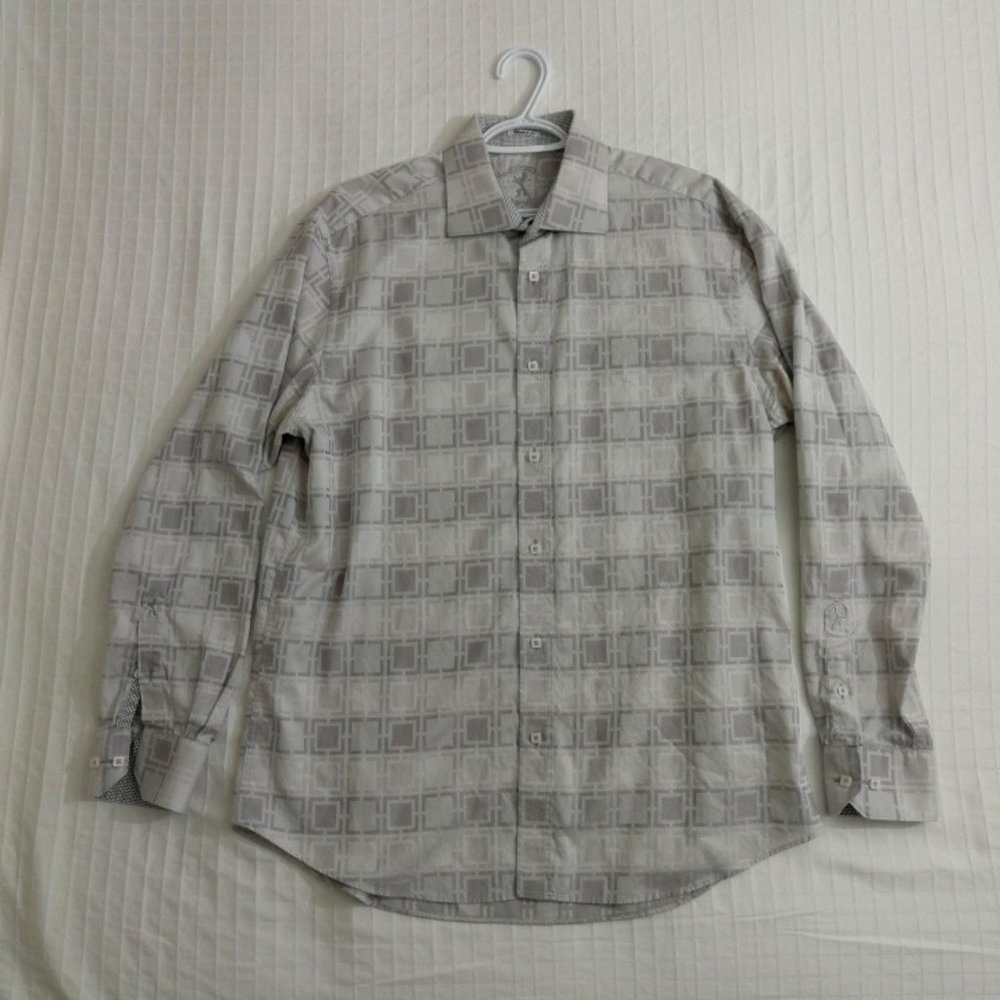 Bugatchi casual long sleeve button down shirt. Grey/silver checkered.  Men's XL